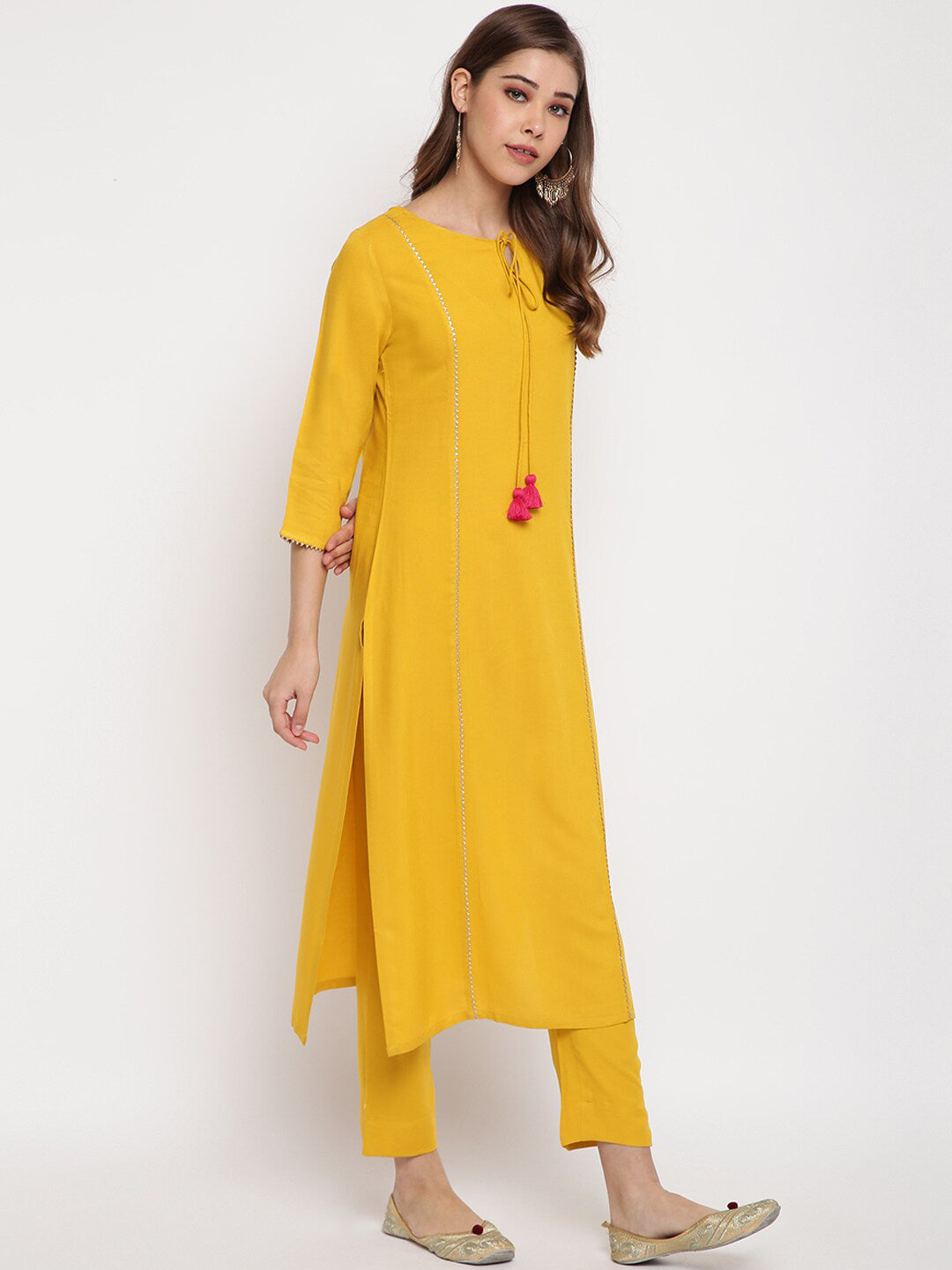 Janasya Women Mustard Yellow Solid Kurta with Trousers & Dupatta