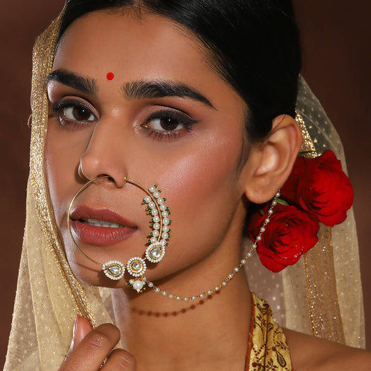 Gold-Plated White Kundan Studded Pearl Beaded Nose Pin - Ruby Raang - Grab2buy