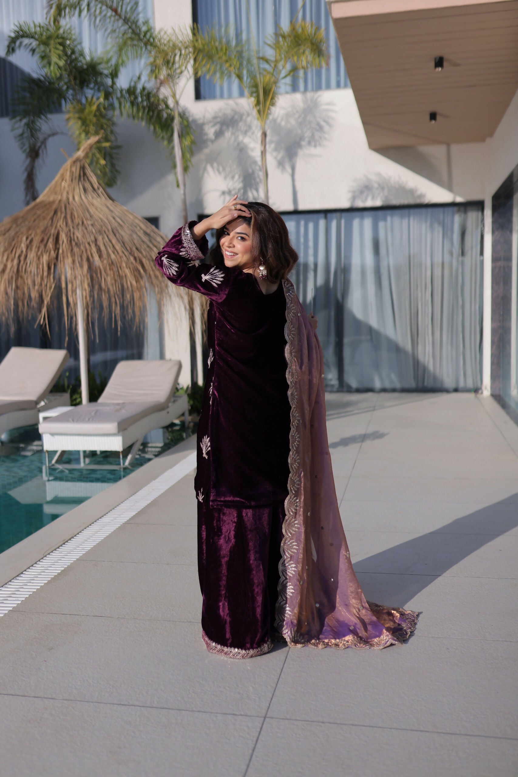 Joban Fashion Maroon Kurta Set Velvet Embroidery Sequence Work