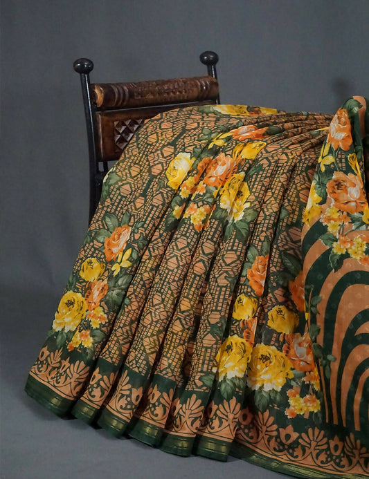 Shades Of Dark Leaf Green Floral Design Semi Chanderi Grab2Buy By Gayathri Reddy Designer Studio 