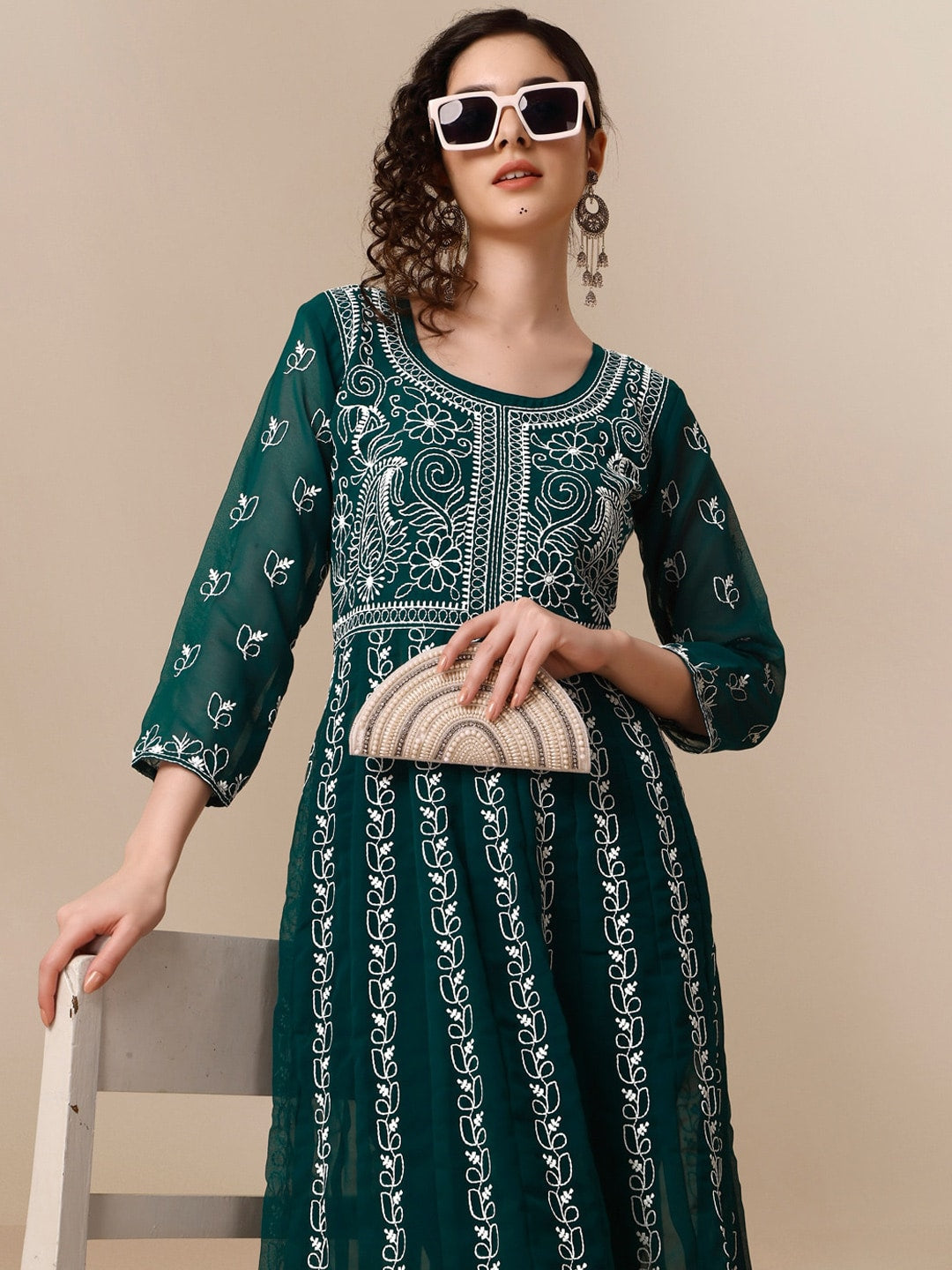 HERE&NOW Paneled Floral Embroidered Georgette Anarkali Kurta