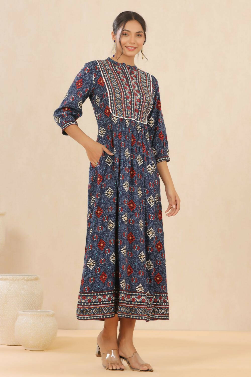 Juniper Womens Indigo Rayon Foil Printed Maxi Dress With Puff Sleeve