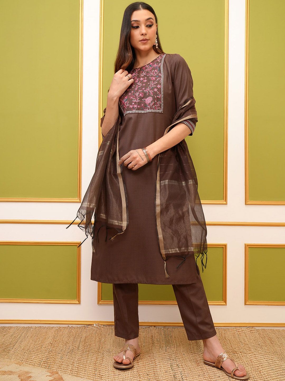 Vishudh Brown Ethnic Motifs Embroidered Kurta & Trousers With Dupatta | Grab2Buy