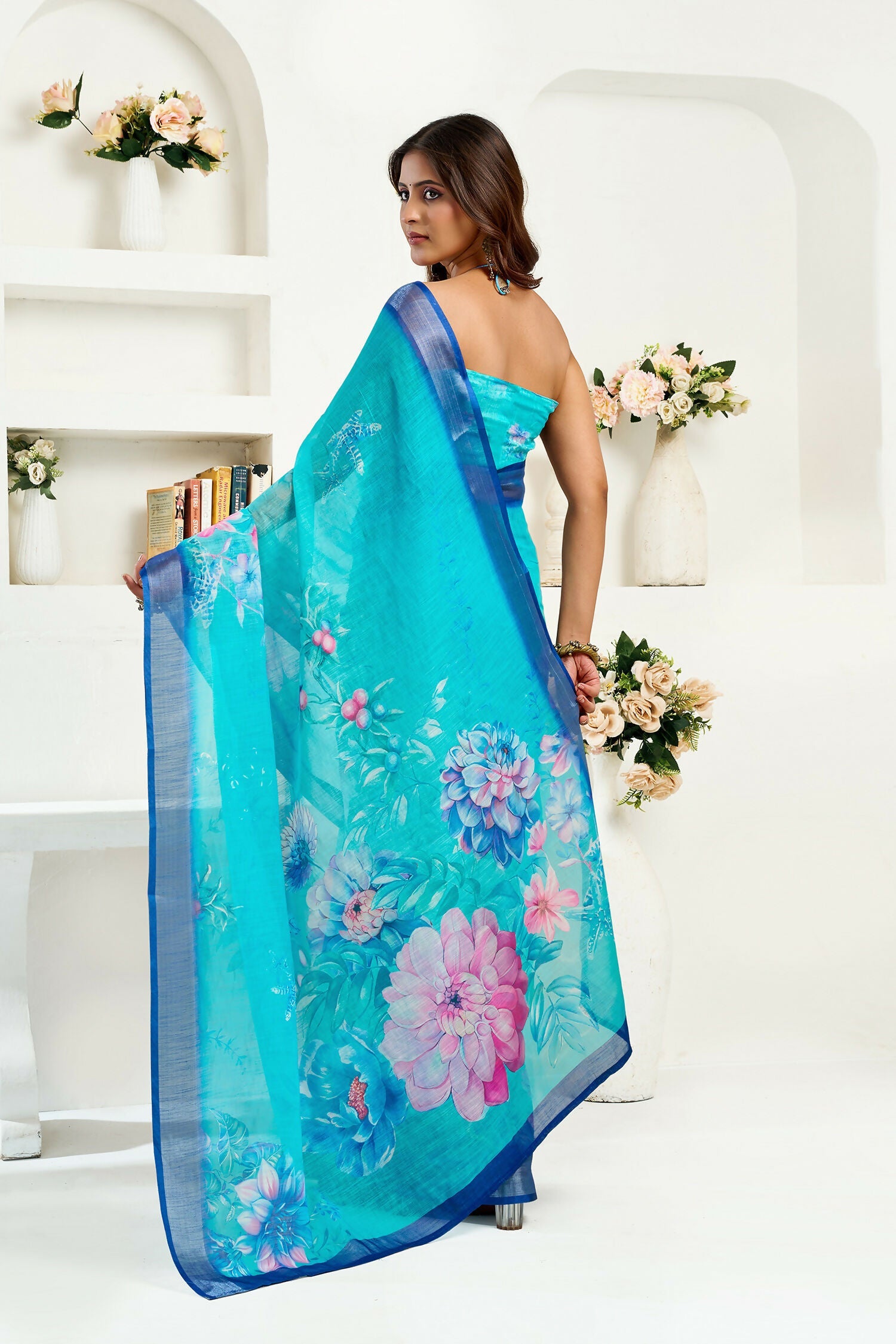 Joban Fashion Turquoise  Floral Linen Ready To Wear Saree With Unstitched Blouse