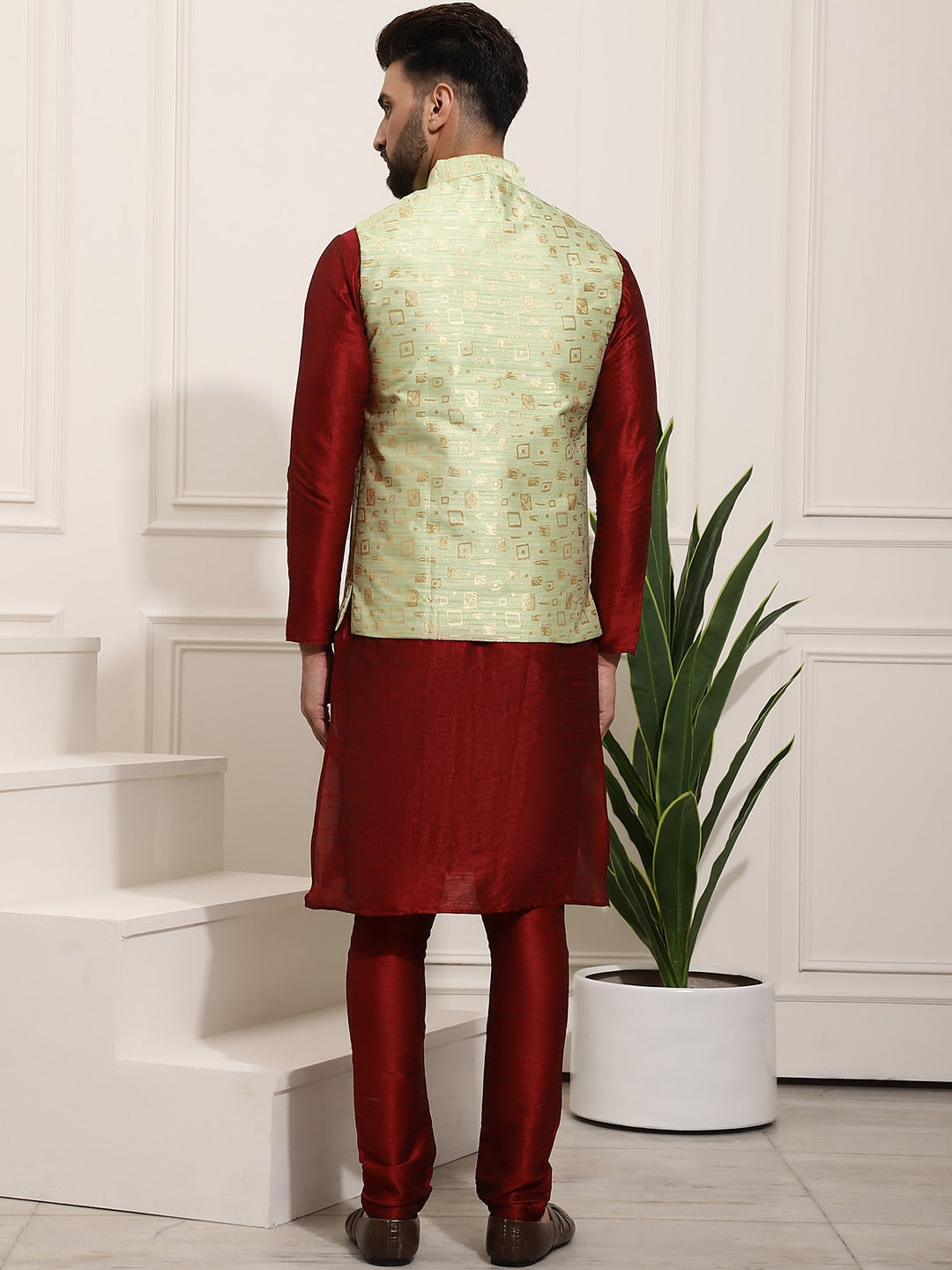 Sojanya Men Maroon Solid Kurta Set & Nehru Jacket 