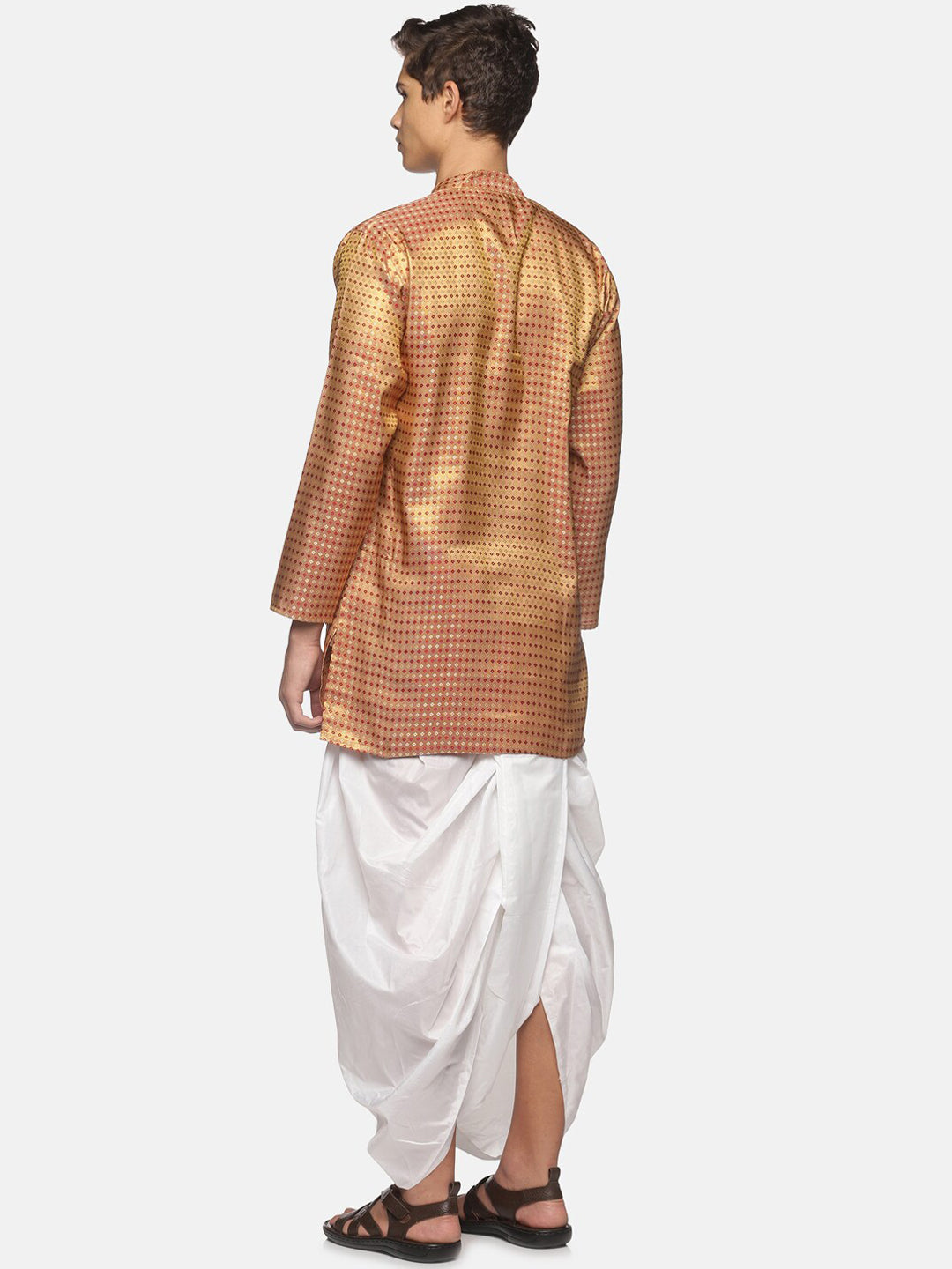 Sethukrishna Men Art Silk Golden & Red Kurta with Dhoti Pants