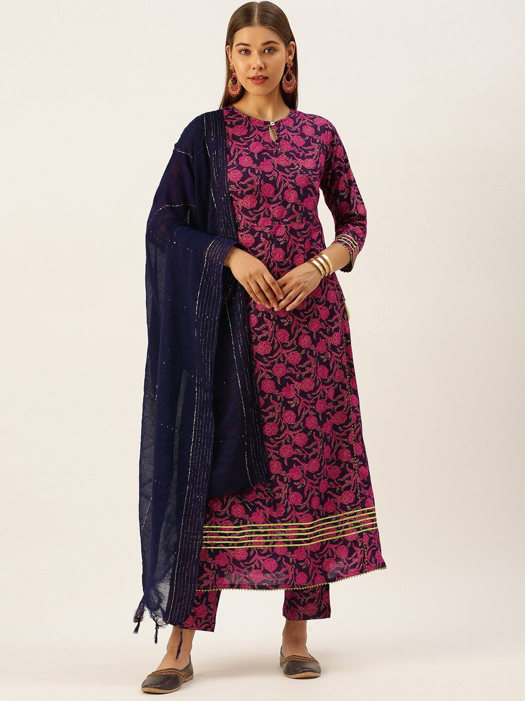 HERE&NOW Women Pink & Navy Blue Printed Pure Cotton Kurta with Trousers & With Dupatta