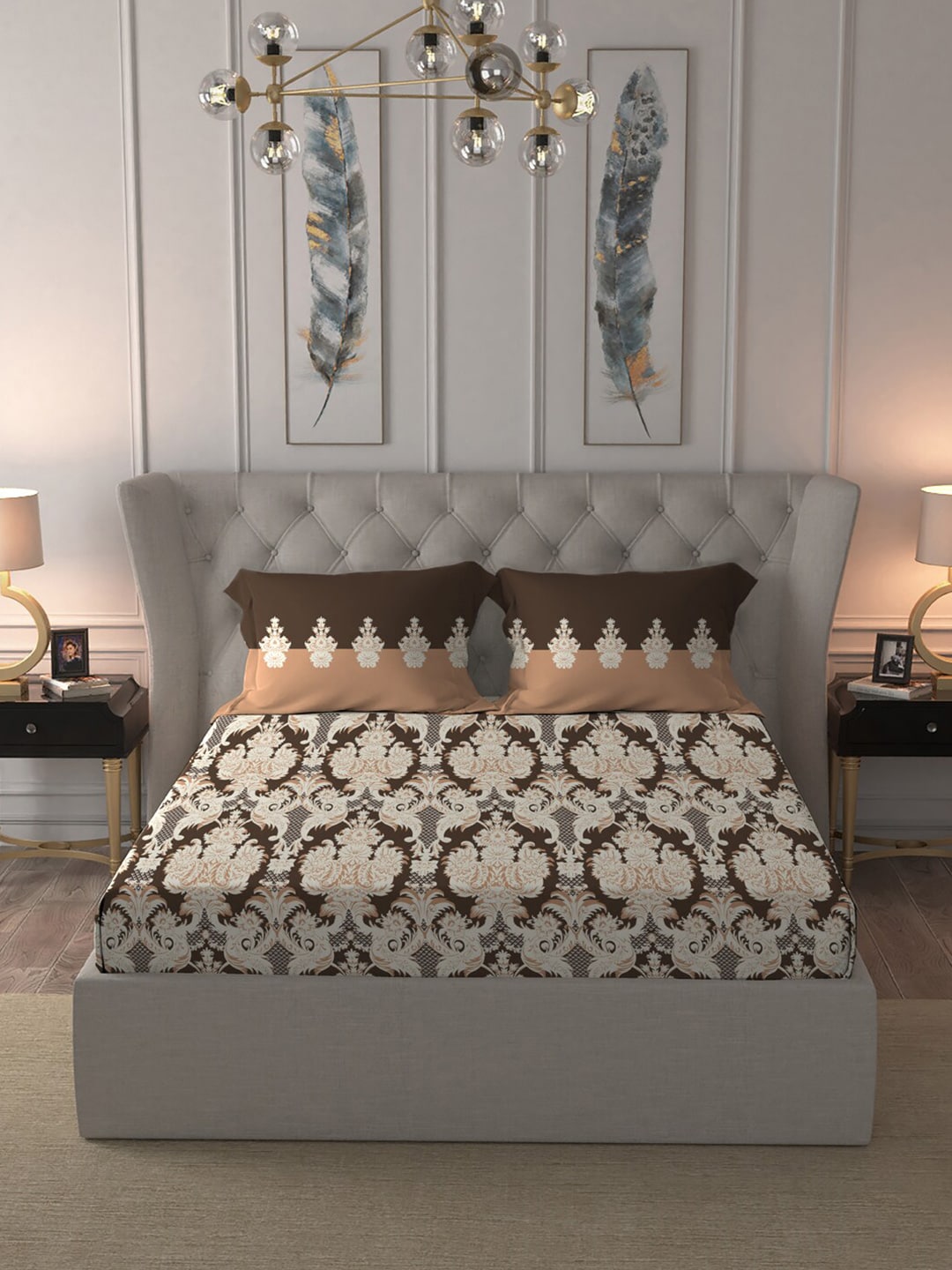 MYTRIDENT Brown White Ethnic Motifs Cotton 144 TC Queen Bedsheet With 2 Pillow Covers 