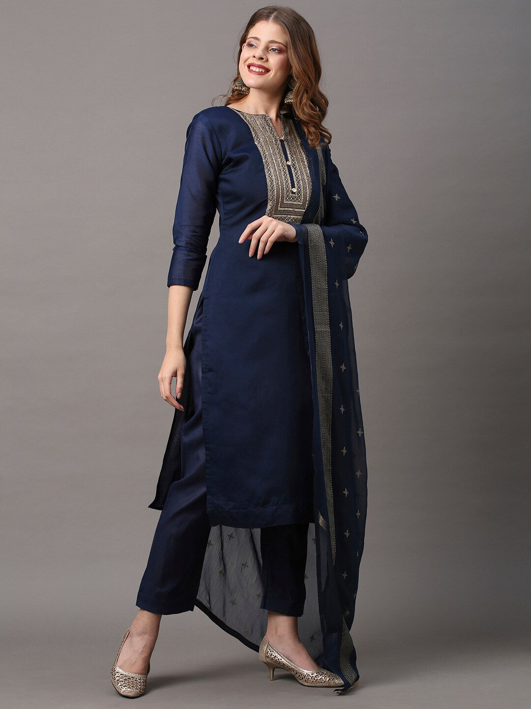 Saree Mall Navy Blue & Gold-Toned Embroidered Unstitched Dress Material