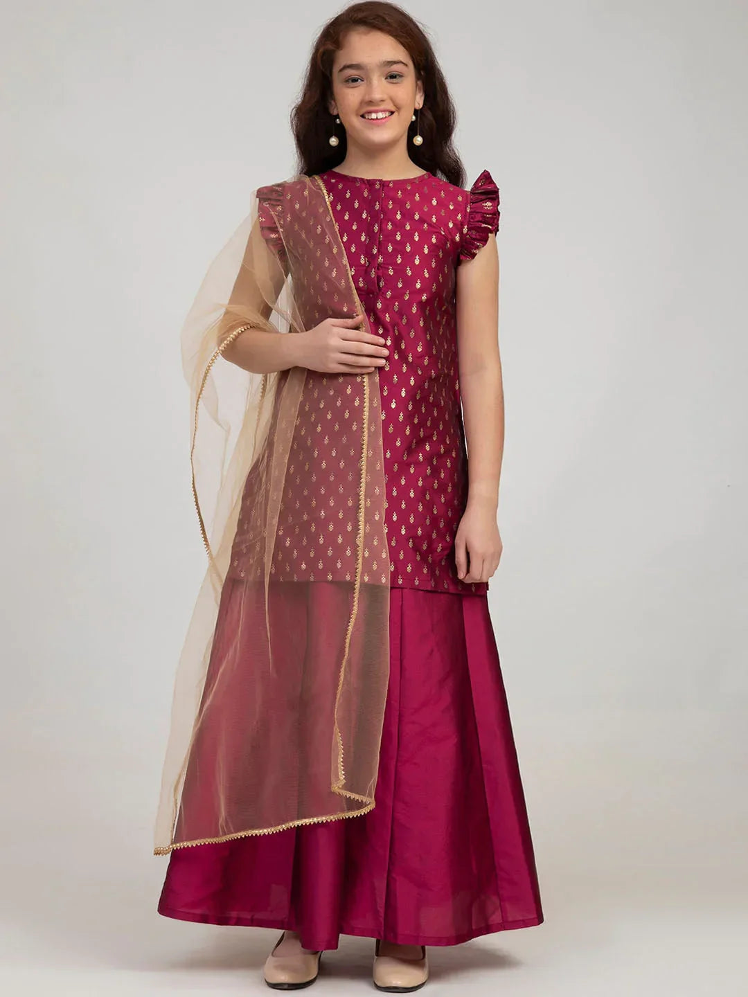 NOZ2TOZ Burgundy Embroidered Kurta with Sharara & With Dupatta For Girls 