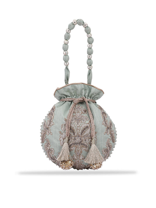 Masq Women Green & Silver-Toned Embellished Potli Clutch - Grab2buy