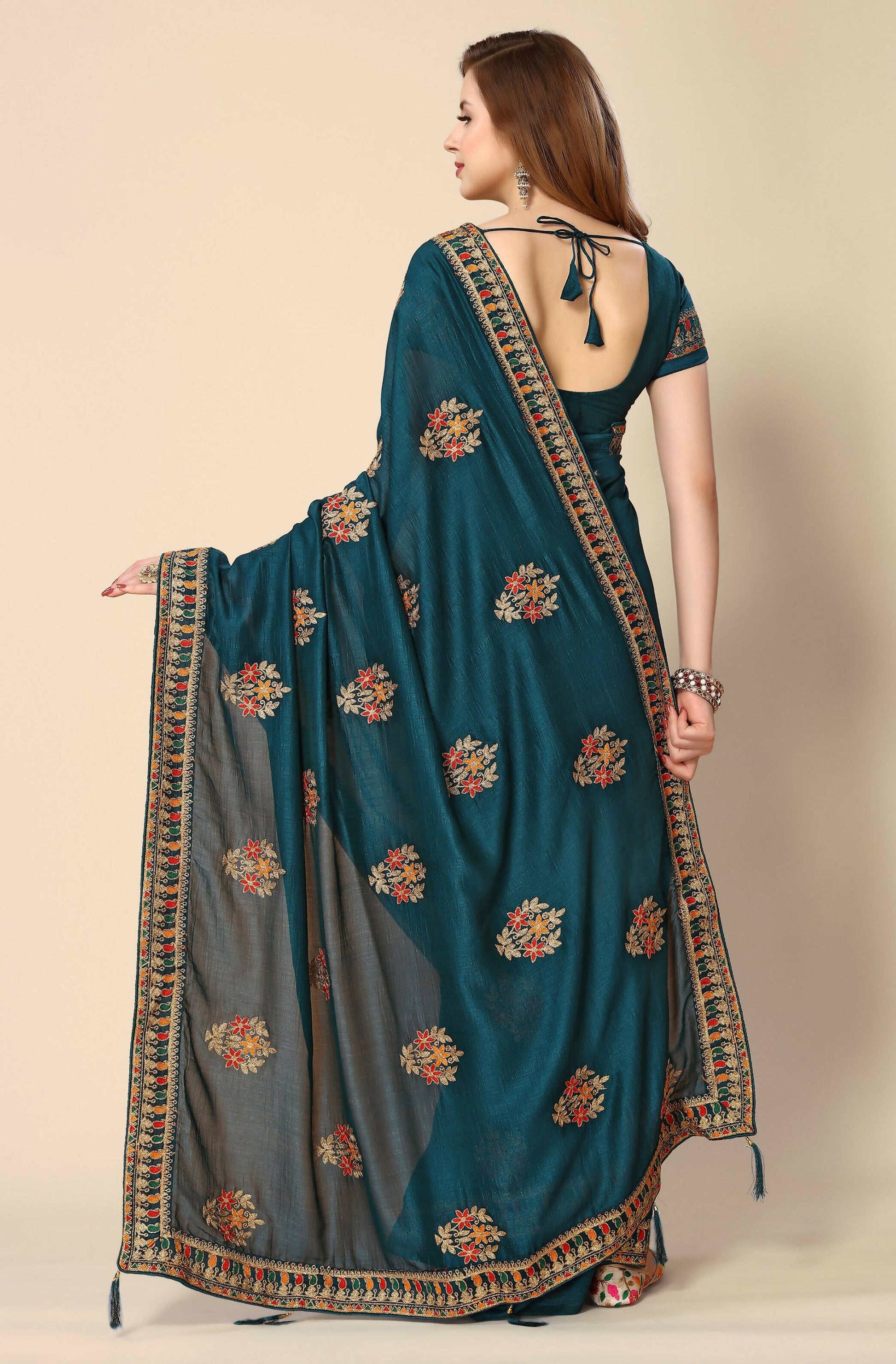 Teal Chinon Embroidered Saree with Unstitched Blouse Piece - Roozal
