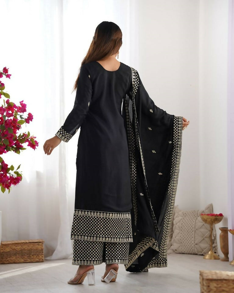 Teeya Creation Black Color Pure Chinnon Silk Embroidery Work Functional Wear Salwar Suit