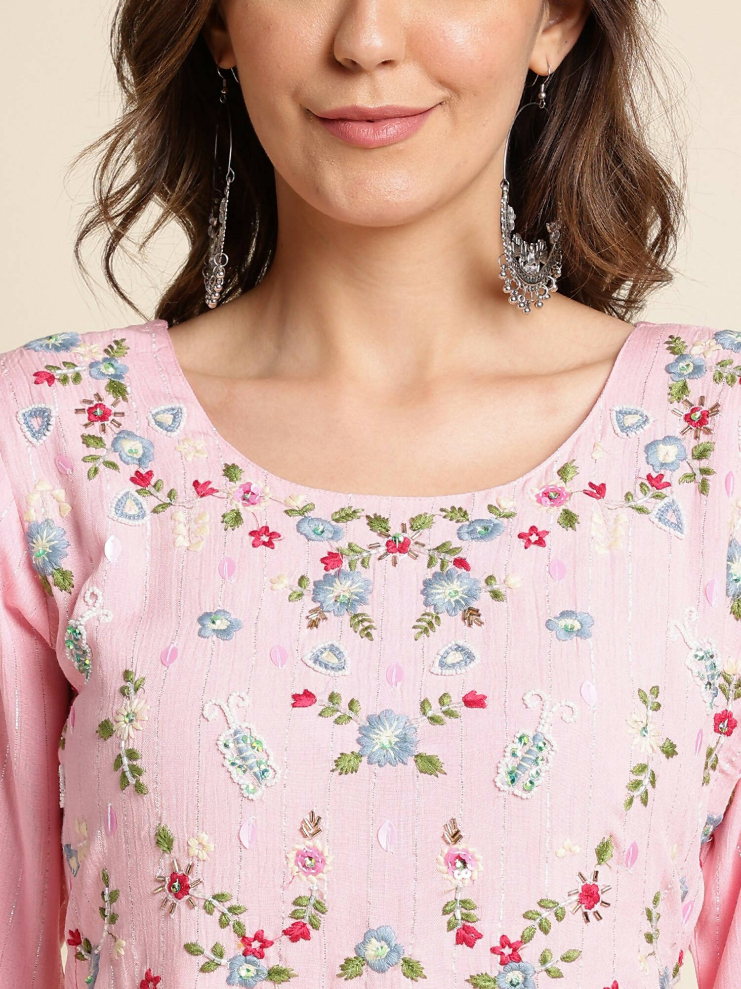Pink Chinon Floral Embroidered Dress - Nandani