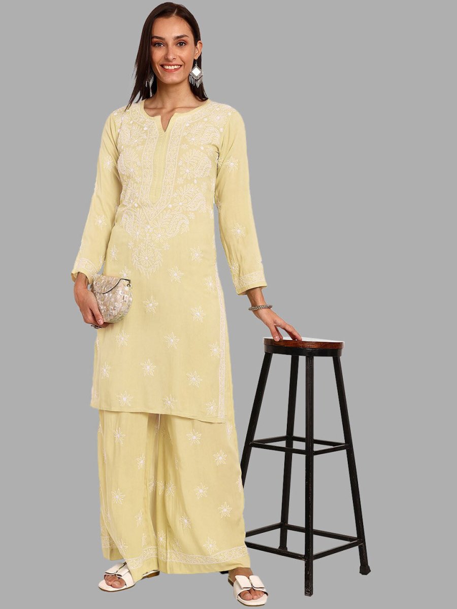 ADA Ethnic Motifs Embroidered Chikankari Straight Kurta with Palazzos 