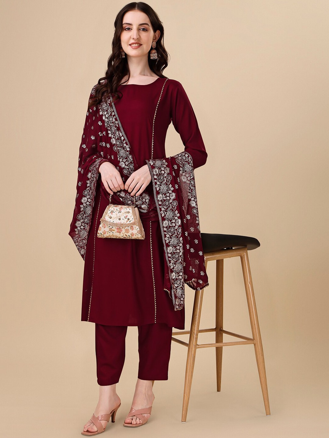 HERE&NOW Maroon & White Gotta Patti Kurta with Trousers & Dupatta