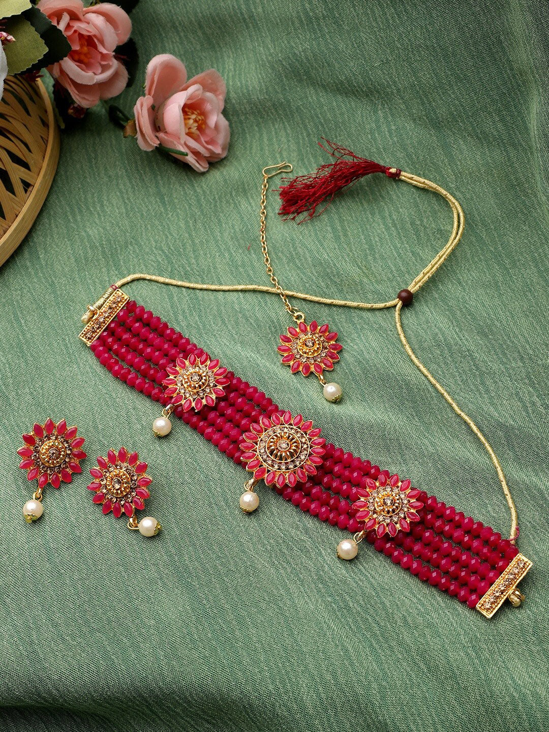 Cardinal Gold-Toned & Pink Onyx-Studded & Beaded Jewellery Set - Grab2buy