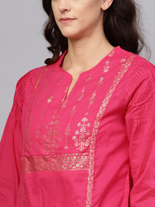Biba Women Pink & Golden Printed Layered A-Line Kurta - Grab2buy