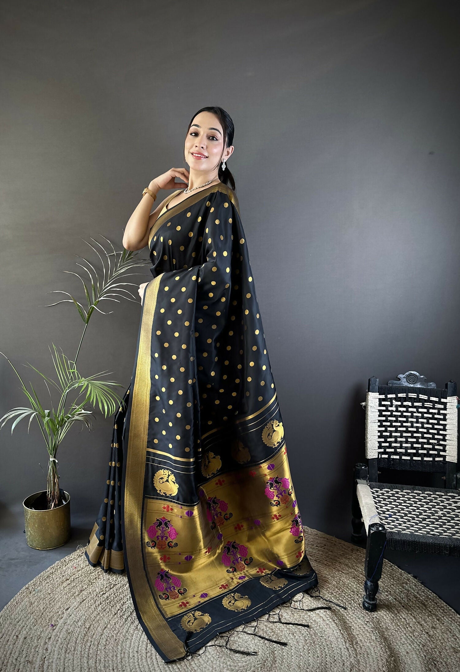 Joban Fashion Black Polka Dot Lichi Silk Paithani Silk Saree