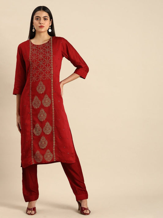 All About You Women Red & Golden Ethnic Motifs Embroidered Kurta Set