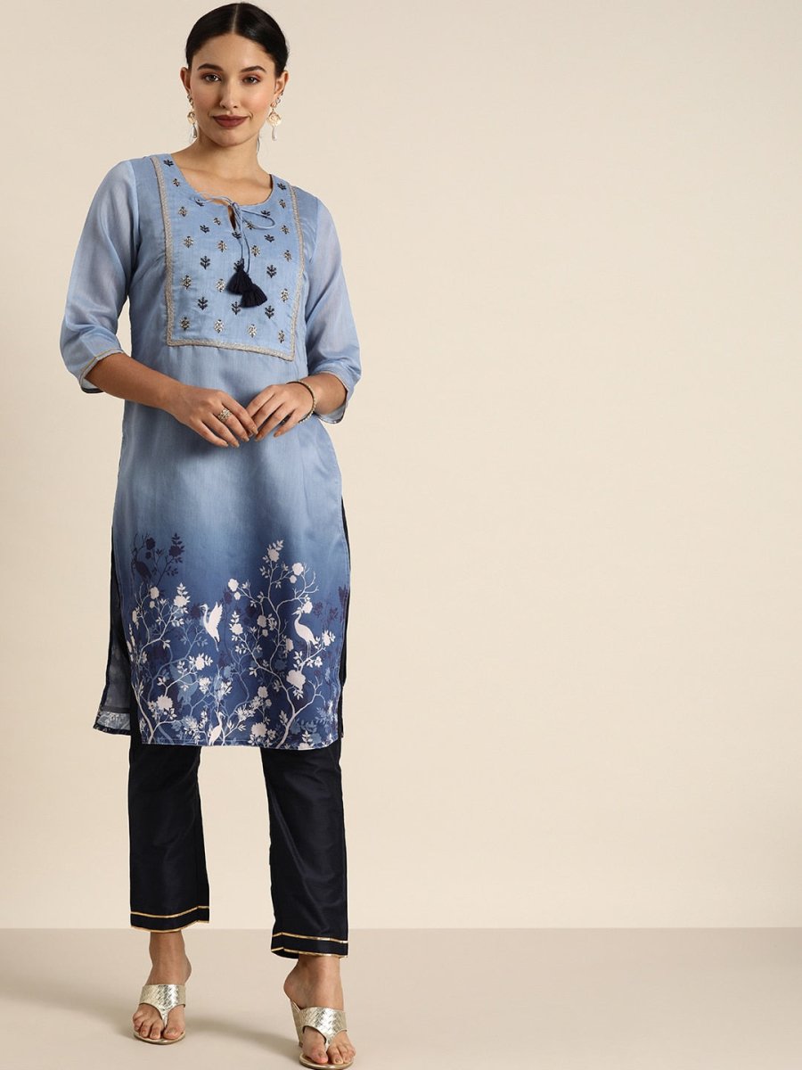 All About You Women Blue Floral Printed Kurta with Trousers