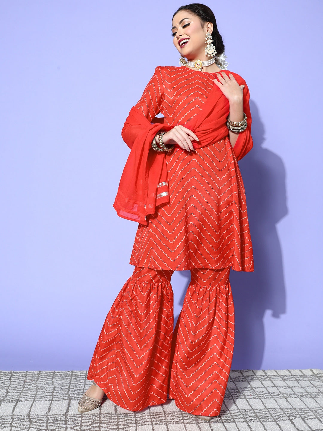 HERE&NOW Women Bandhani Polyester Fusion Bottom Kurta Set