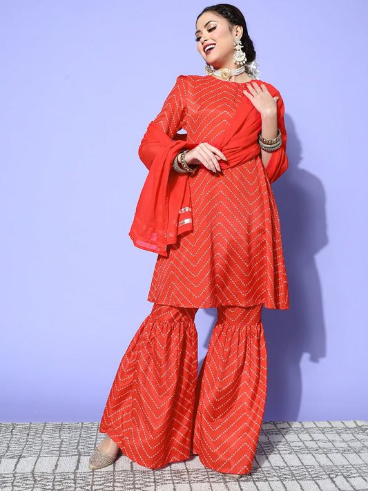 HERE&NOW Women Bandhani Polyester Fusion Bottom Kurta Set