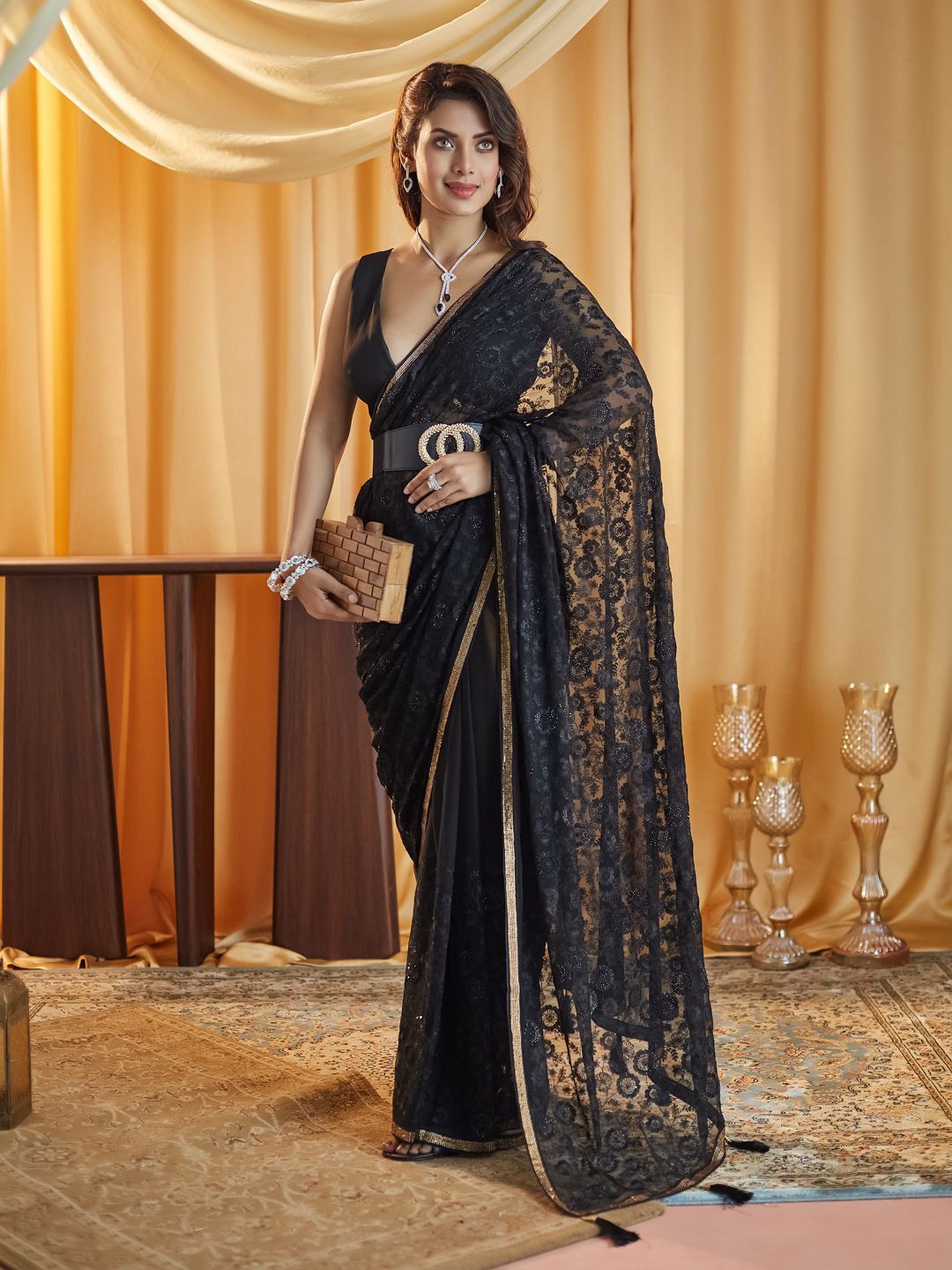 kasee Embellished Chikankari Pure Chiffon Saree