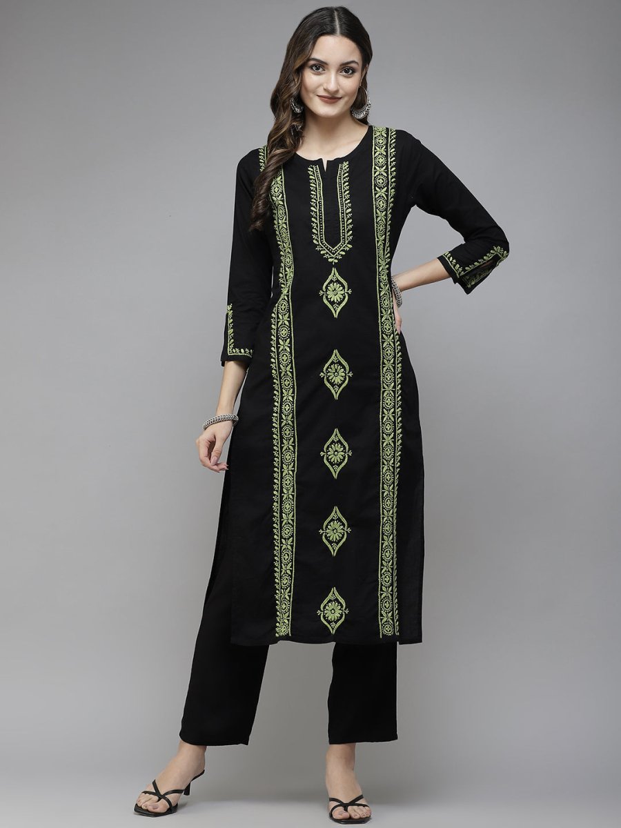 ADA Women Black & Green Ethnic Motifs Embroidered Chikankari Handloom Handloom Kurta 