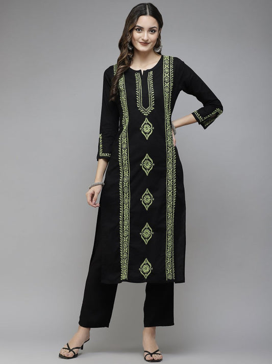 ADA Women Black & Green Ethnic Motifs Embroidered Chikankari Handloom Handloom Kurta 