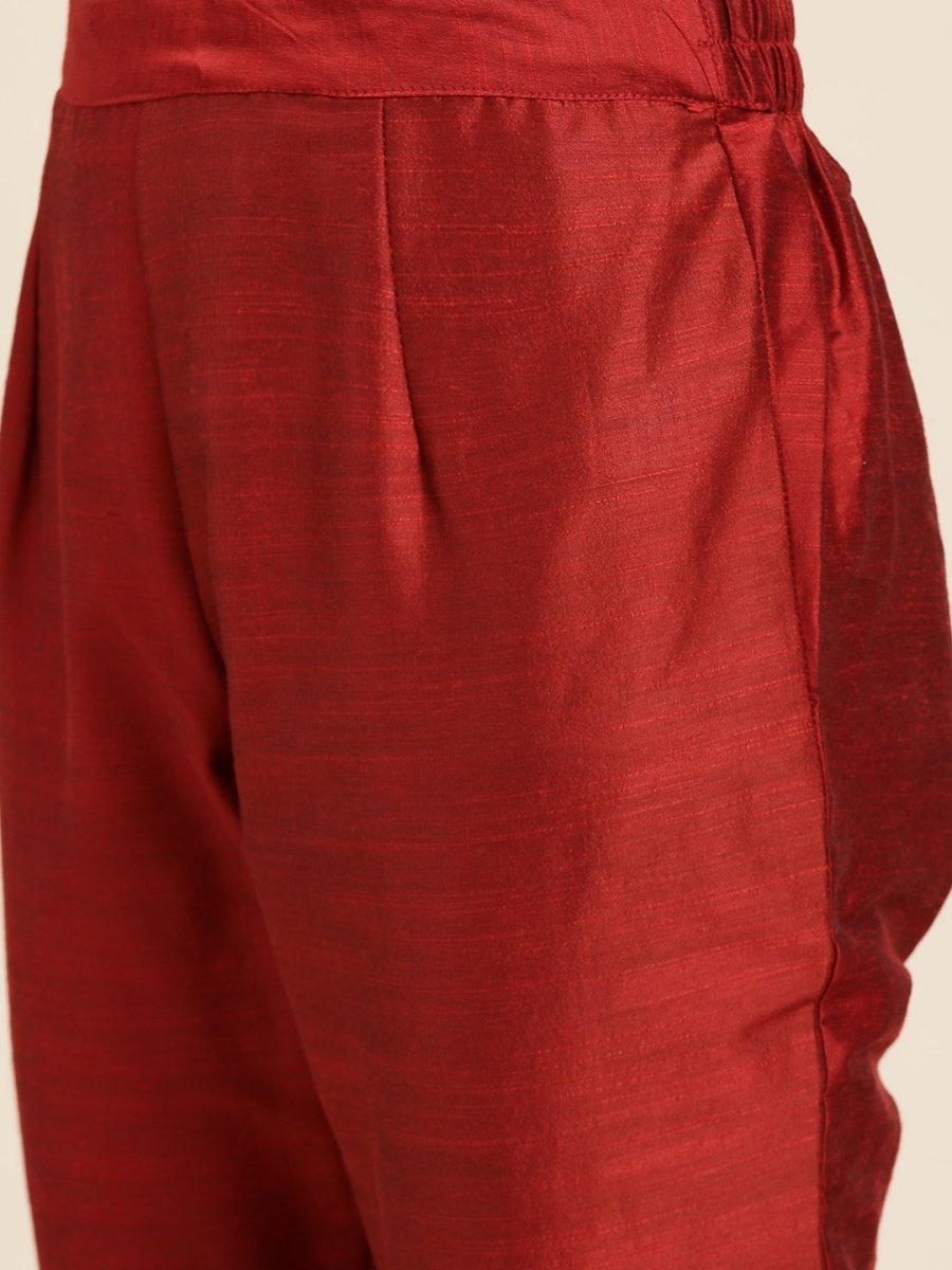 All About You Women Maroon & Golden Embroidered Regular Kurta with Trousers & Dupatta