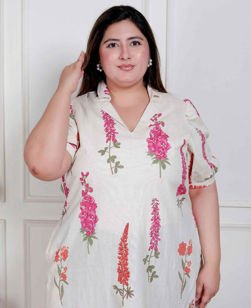 Miravan Plus Size Womens Off White Flower Printed Cotton Flex Maxi Dress