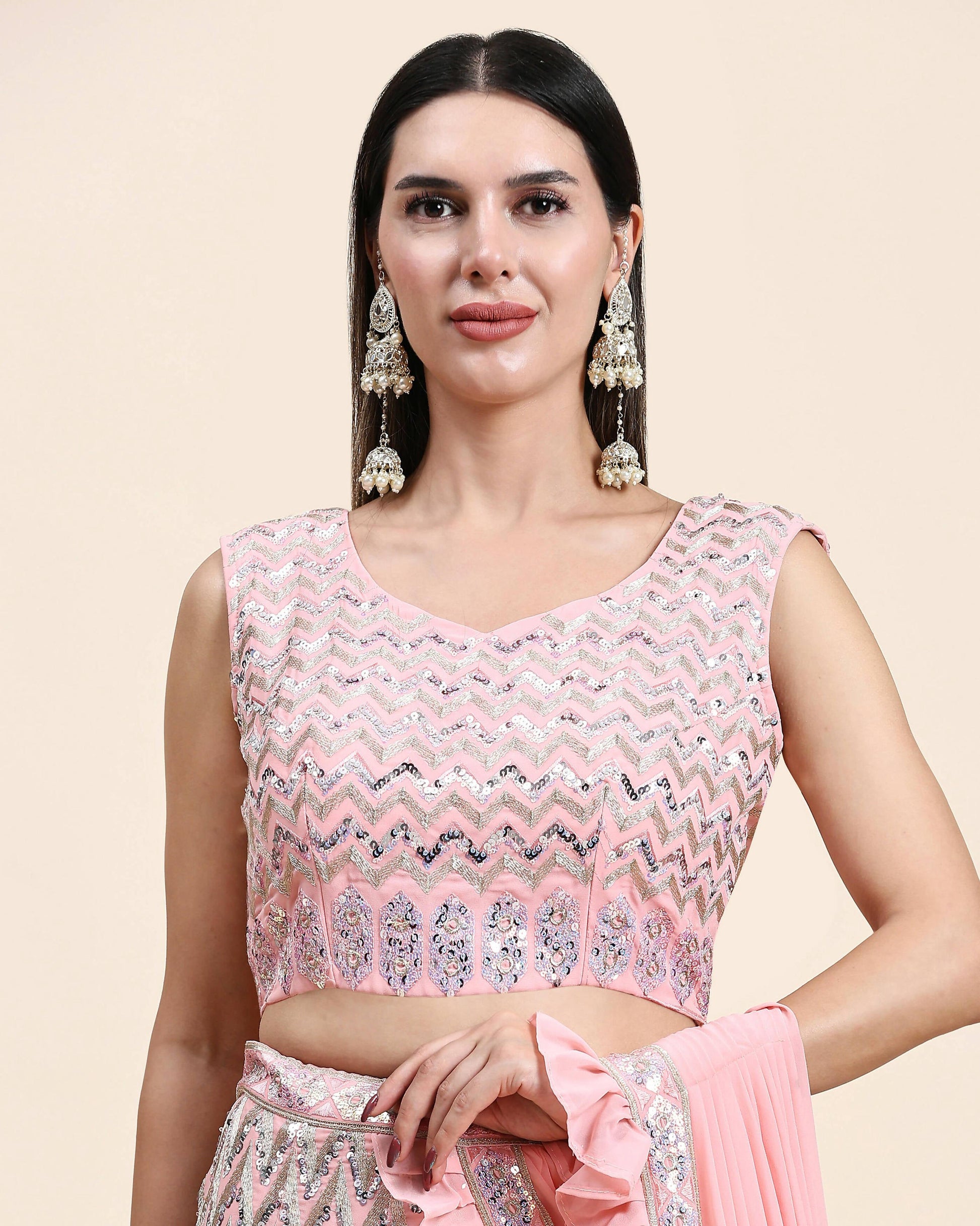 Pink Pure Viscose Georgette Thread With Sequins Embroidery Work Lehenga Choli With Dupatta - Tanya