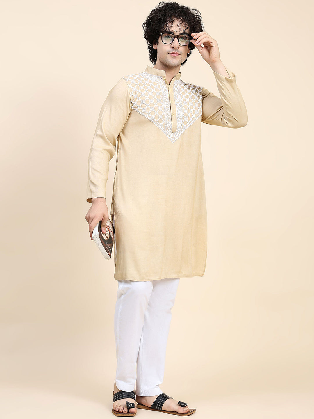 HOUSE OF KARI Ethnic Motifs Yoke Design Mandarin Collar Chikankari Pure Cotton Kurta 