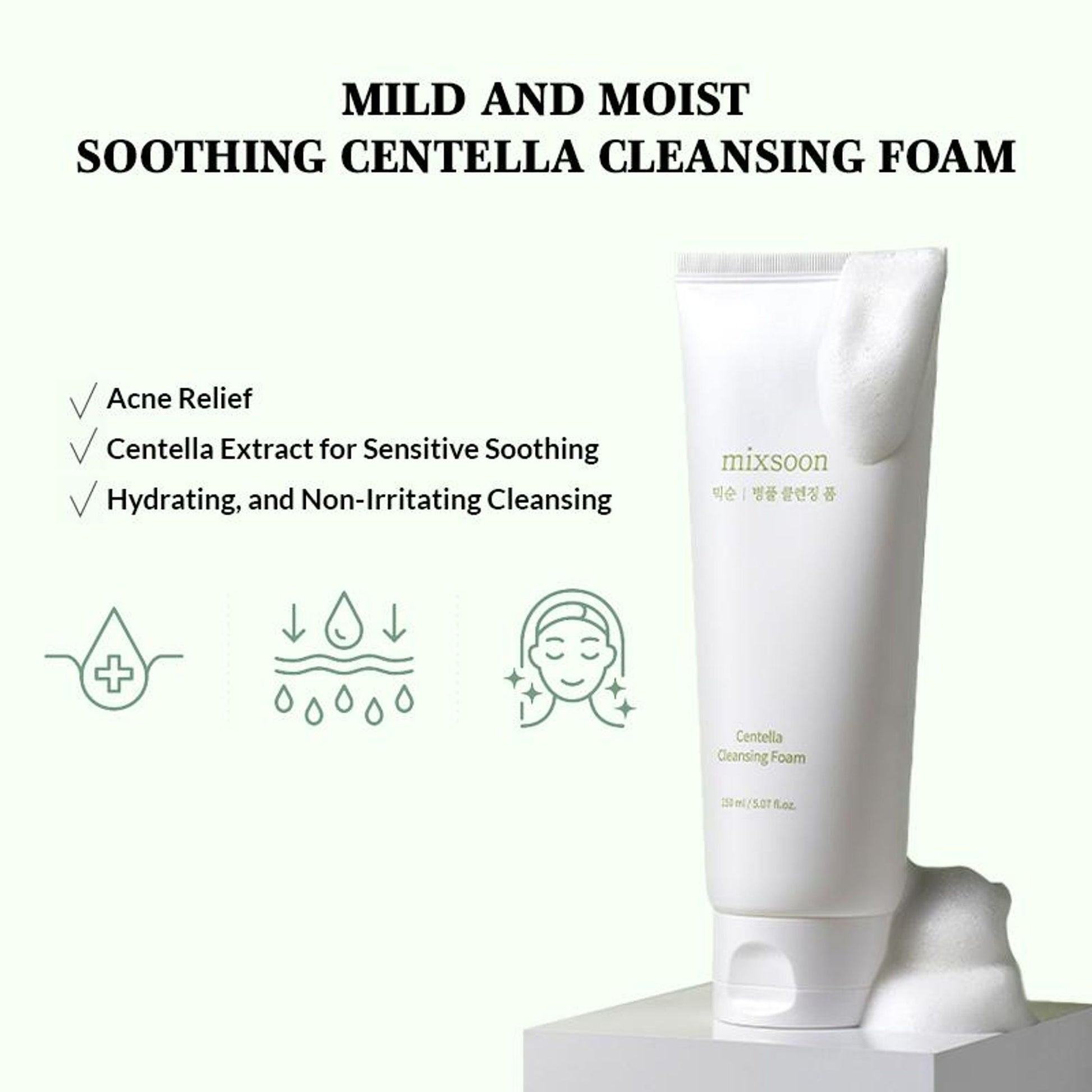 Mixsoon Centella Cleansing Foam, Gentle Face Wash for Redness & Acne-Prone Sensitive Skin