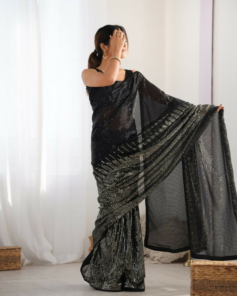 Black Georgette Designer Sequence Embroidery Work Saree - Sitare