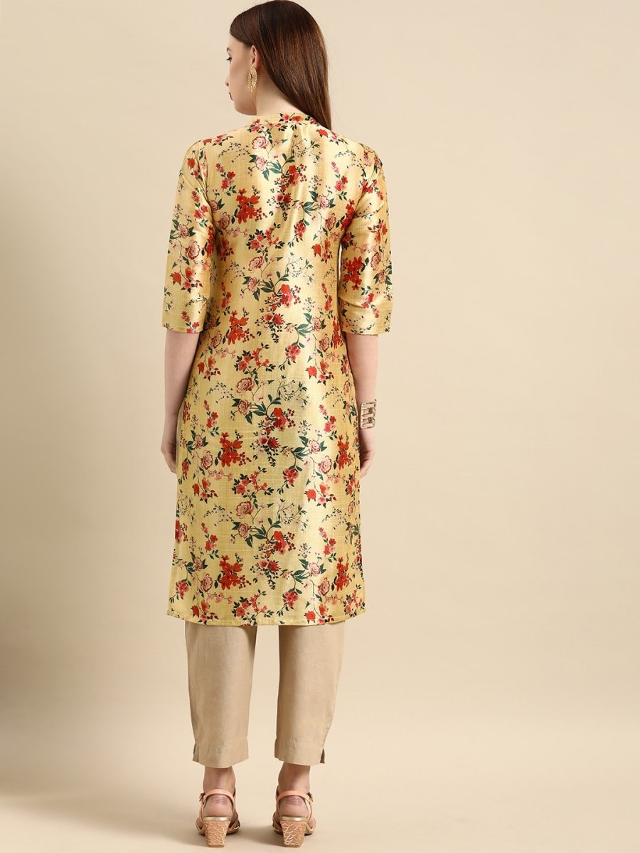 All About You Women Mustard Yellow & Red Floral Print Chanderi Silk Blend Straight Kurta