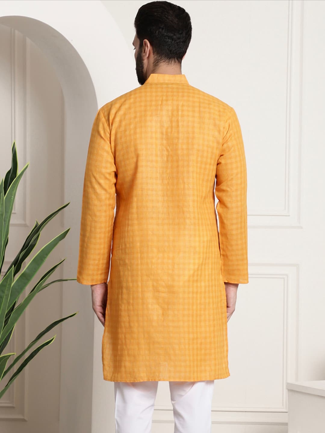 Sojanya Men Mustard Yellow Dobby Self-Checked Straight Kurta 