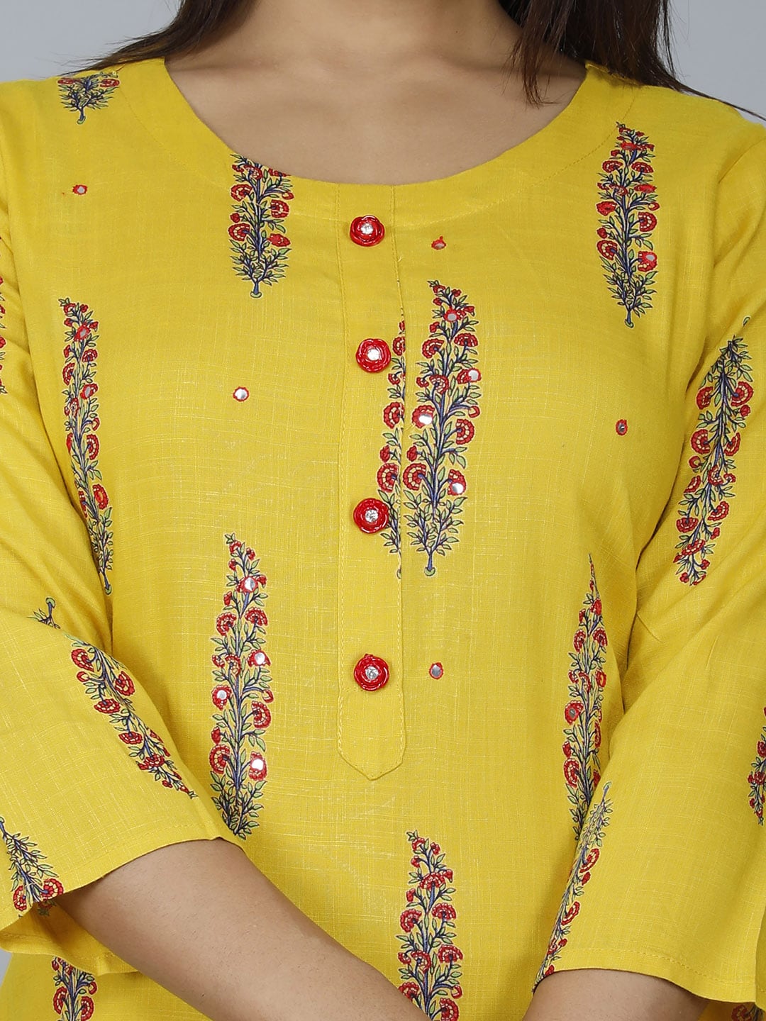 HERE&NOW Women Mustard Yellow Floral Mirror Work Floral Kurta