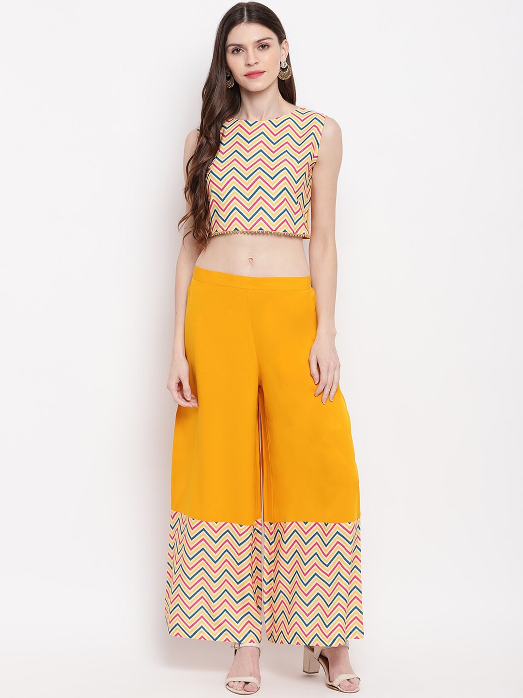 Janasya Women Yellow & Pink Solid Top with Kurta & Palazzos