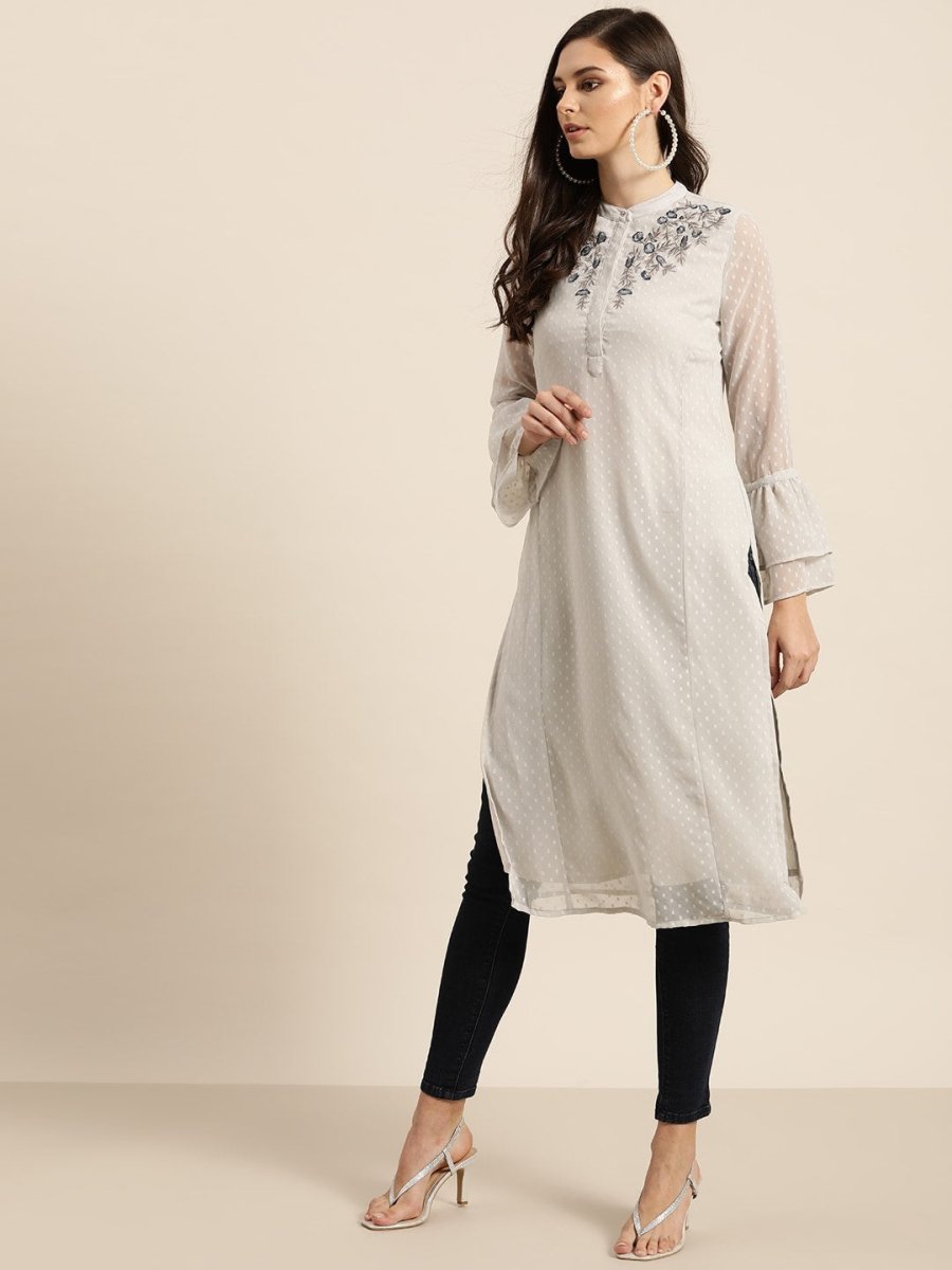 All About You Women Grey Bell Sleeves Yoke Design Thread Work Dobby Kurta