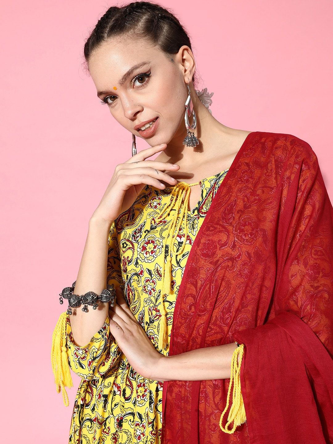 HERE&NOW Yellow & Red Ethnic Motifs Print Parade Anarkali Kurta with Trousers & Dupatta