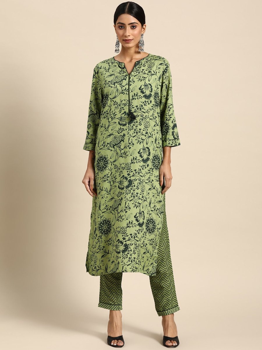 All About You Women Green Ethnic Motifs Printed Kurta with Trousers