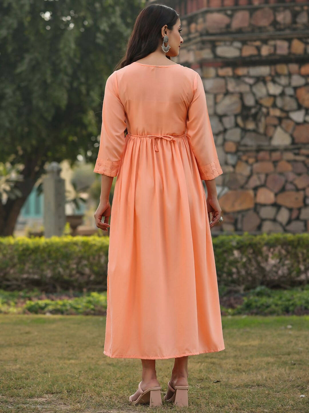 Juniper Women's Peach Festive Embroiderd Flared Dress