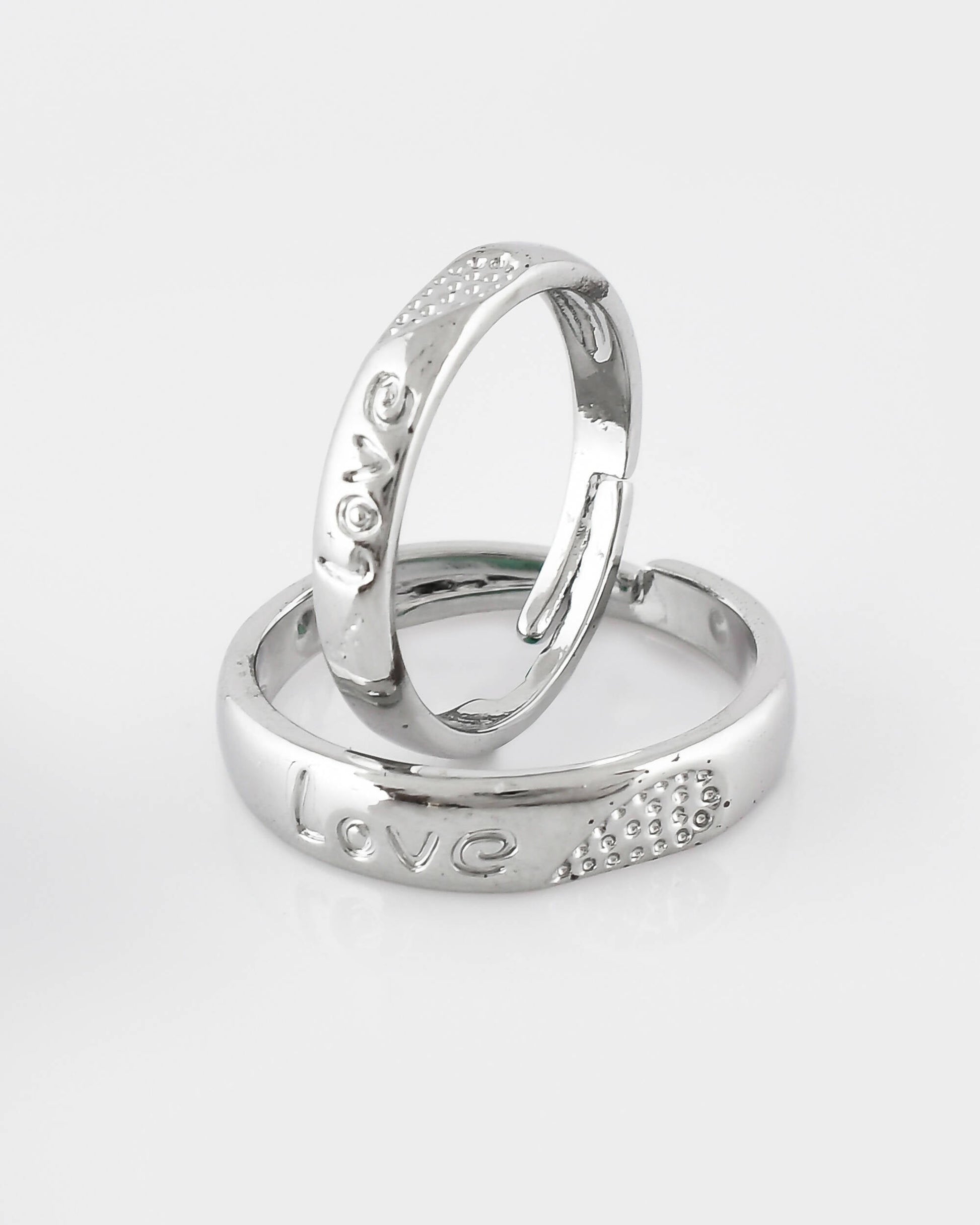 VOJ Stainless Steel Cubic Zirconia Silver Plated Adjustable Ring Set for Couple 