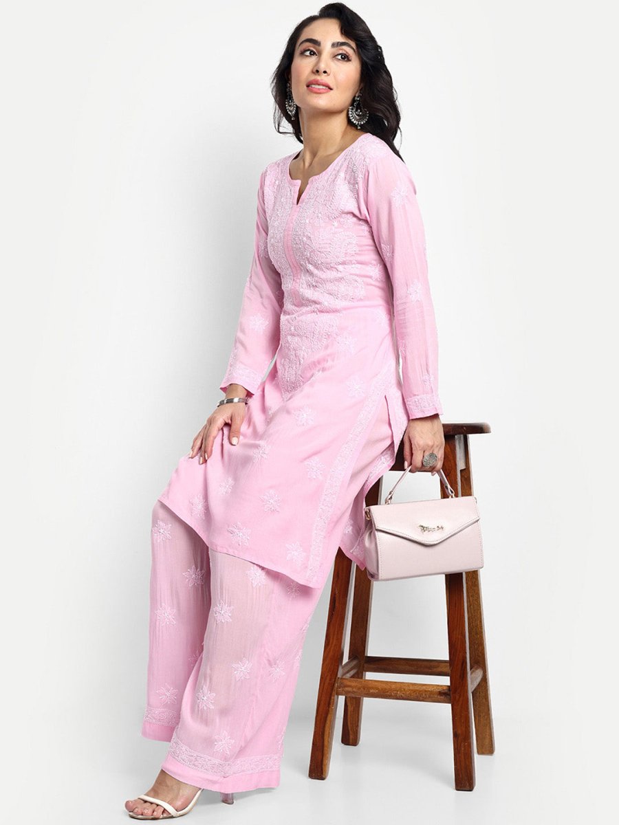 ADA Floral Embroidered Round Neck Long Sleeve Regular Chikankari Kurta With Palazzos 