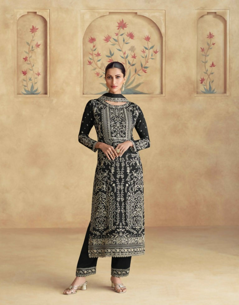 Vastranavya Black Chinon Silk Embroidered Sequins Pakistani Straight Pant Suit  Grab2Buy Vastranavya Grab2Buy