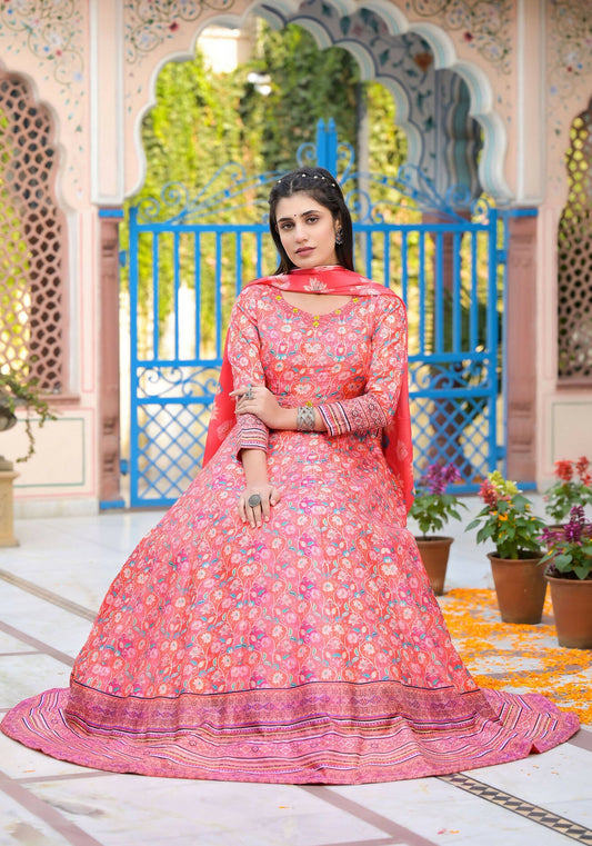 Functional Designer Red-Orange Dola Silk Anarkali suit with Dupatta - Ramya