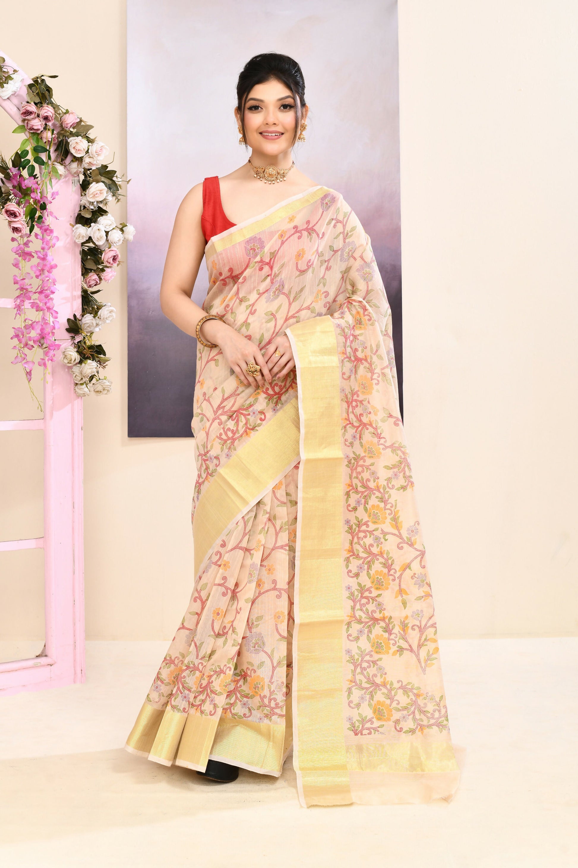 Piyari Fashion Women's Beige Embellished Cotton Blend Printed Saree