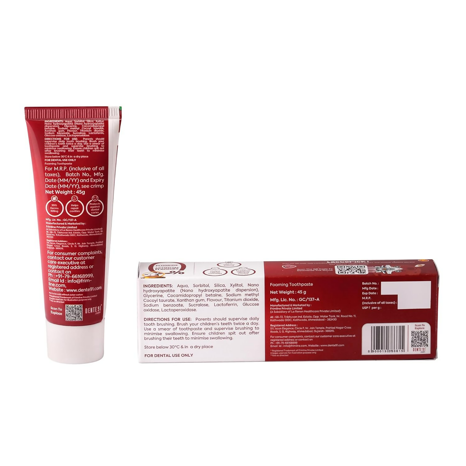 Dente91 Kids Toothpaste Protects Against Dental Caries & Hypersensitivity Fluoride Free Apple Flavour 
